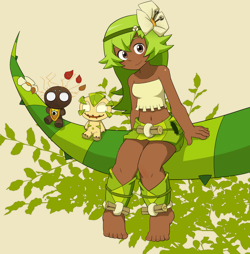 amalia_sheran_sharm, barefoot, brown_eyes, dark_skin, doll, flower, green_hair, gunpura, long_hair, midriff, navel, plant, smile, wakfu