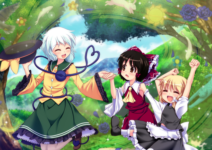 arm_up, ascot, bare_shoulders, black_hair, blonde_hair, blue_rise, blue_rose, bow