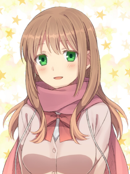 38, blush, brown_hair, cardigan, green_eyes, long_hair, matsumi_yuu, ribbon, saki, saki_achiga-hen, scarf, smile, solo