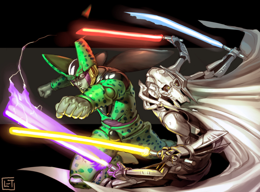 cape, cell_(dragon_ball), crossover, dragon_ball, dragon_ball_z, dragonball_z, duel, energy_sword