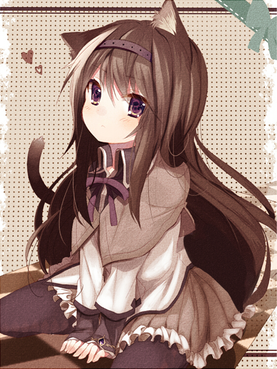 :<, akemi_homura, animal_ears, between_legs, black_hair, black_legwear, blush, brown_hair