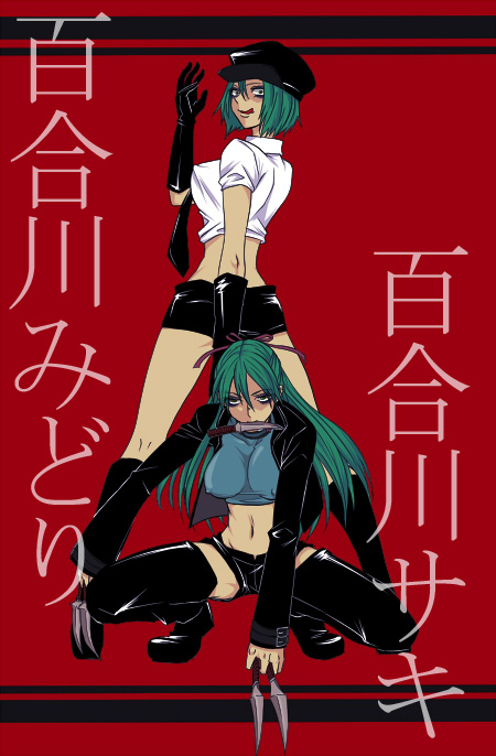 back-to-back, boots, breasts, cabbie_hat, crop_top, dual_wielding, elbow_gloves, erect_nipples