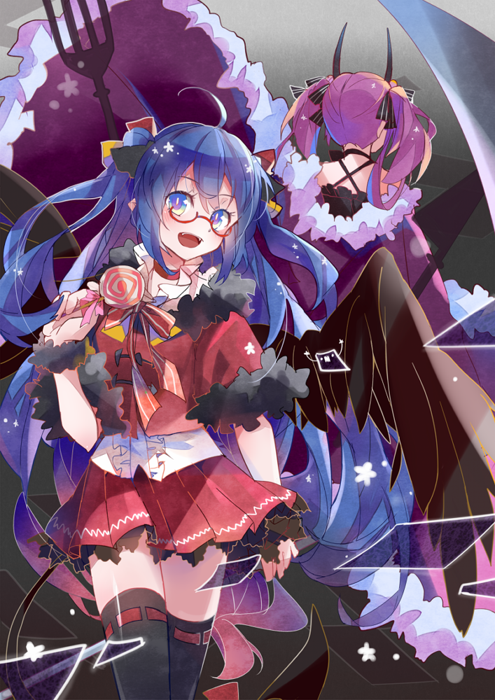 ahoge, black_legwear, blue_hair, candy, fork, glasses, hika_(ozeluk), horns