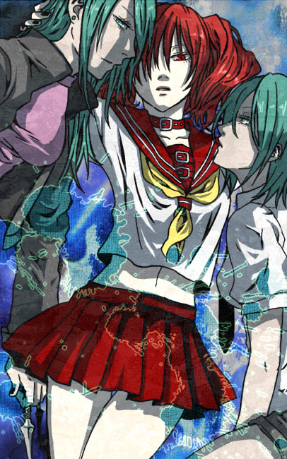 collar, hair_over_one_eye, himezono_reiko, m_gyokuro, midriff, multiple_girls, pleated_skirt, red_eyes