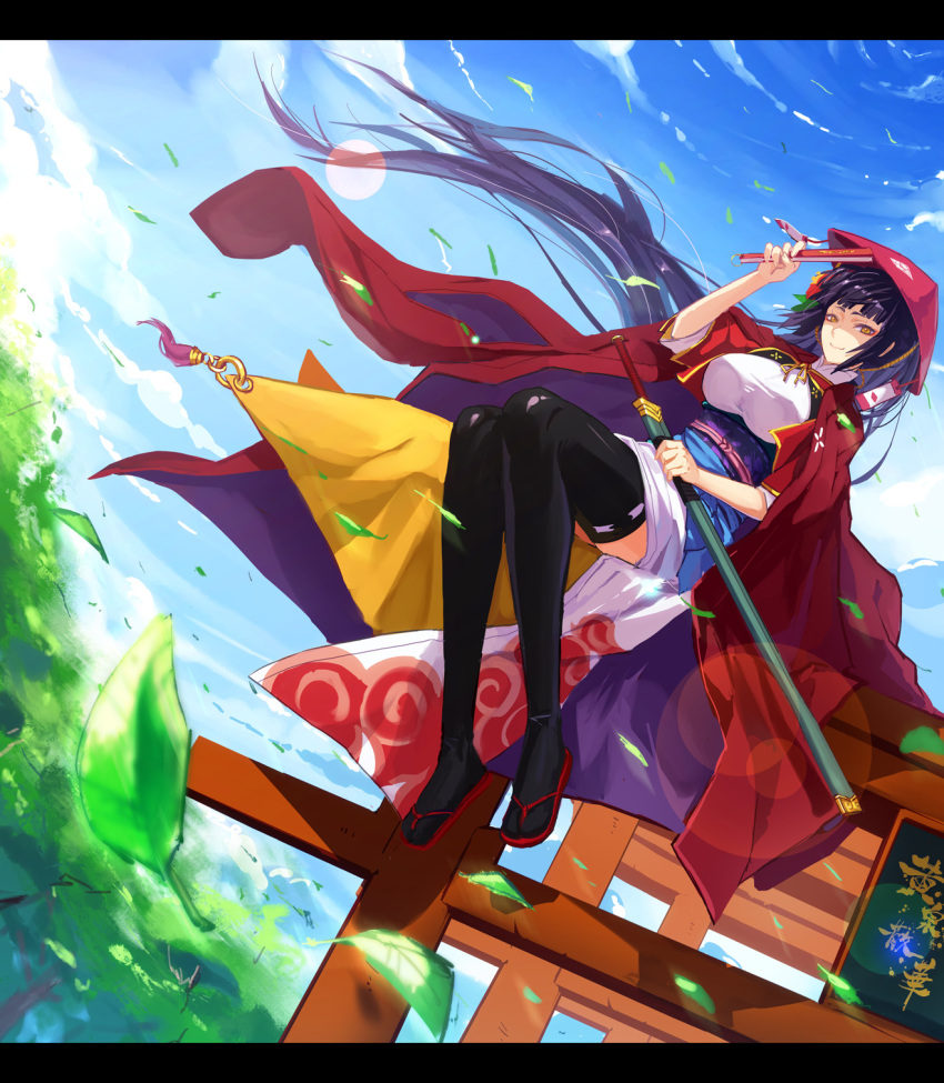 black_hair, black_legwear, breasts, cape, dutch_angle, fan, folding_fan, hat, hat_tip, highres, japanese_clothes, leaf, letterboxed, long_hair, obi, pixiv_fantasia, pixiv_fantasia_sword_regalia, ryuuzaki_itsu, sandals, sheath, sheathed, sitting, sitting_on_torii, smile, solo, sword, thigh-highs, thighhighs, torii, weapon, yellow_eyes