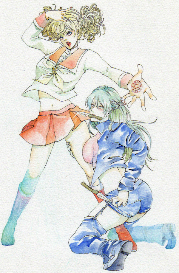 blonde_hair, bolero, breast_press, breasts, cropped_jacket, garter_straps, green_hair, himezono_reiko