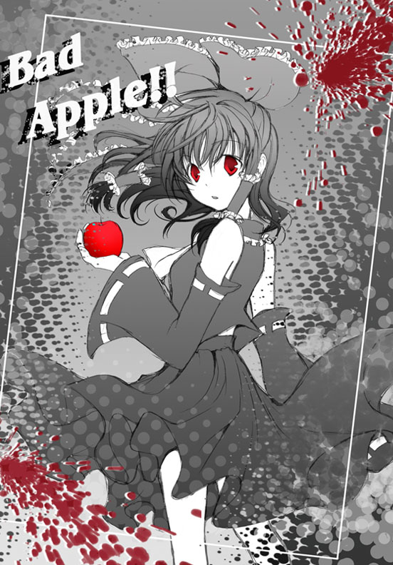 akasaka_sakasu, apple, bad_apple!!, bare_shoulders, bow, detached_sleeves, food, fruit