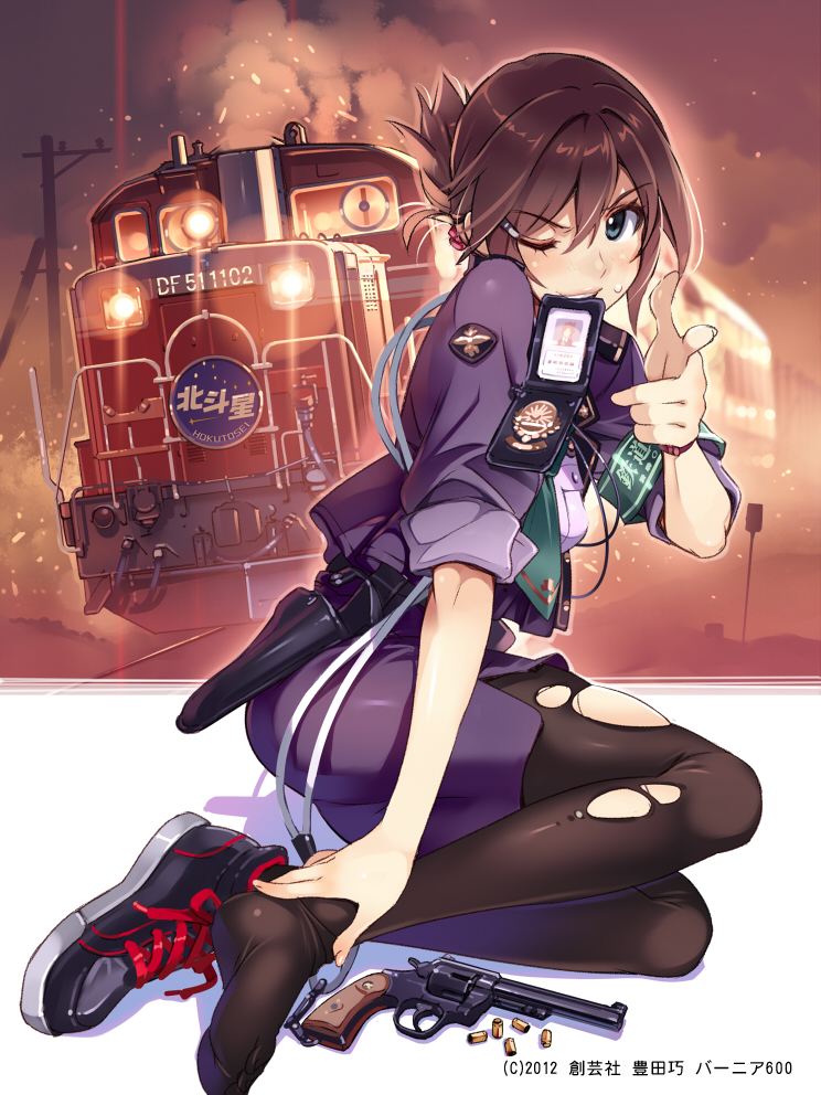 armband, badge, black_legwear, blue_eyes, brown_hair, bullet, feet, gun