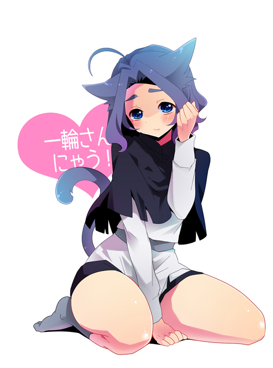 animal_ears, blue_eyes, blue_hair, blush, cat_ears, cat_tail, eyebrows, heart