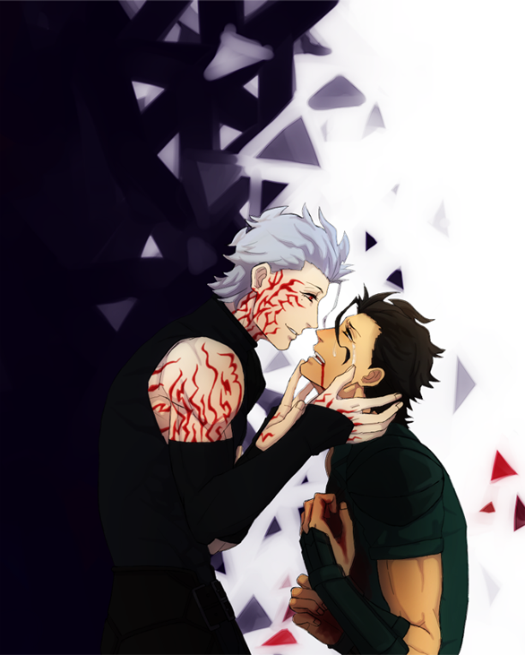 ahoge, black_hair, blood, dark_persona, dual_persona, fate/zero, fate_(series), hands_on_another's_face