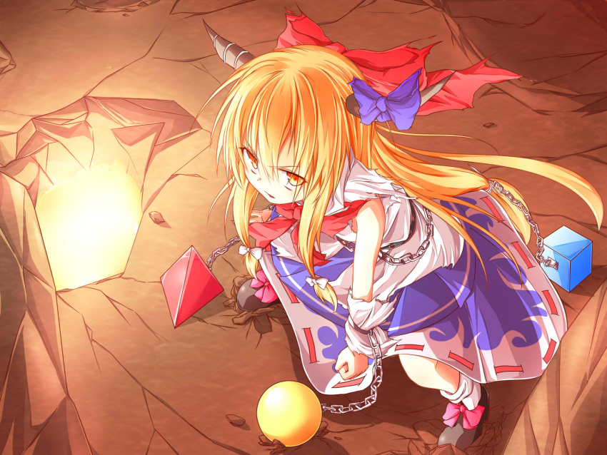 blonde_hair, bow, chain, chains, cube, from_above, hair_bow, highres