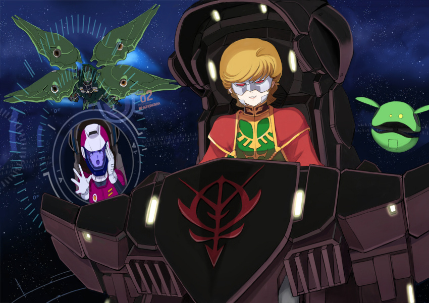 audrey_burne, cape, full_frontal_(cosplay), gacha-m, gundam, gundam_unicorn, haro, kshatriya, marida_kruz, mask, military, military_uniform, mineva_lao_zabi, multiple_girls, orange_hair, pilot_suit, short_hair, uniform, zeon