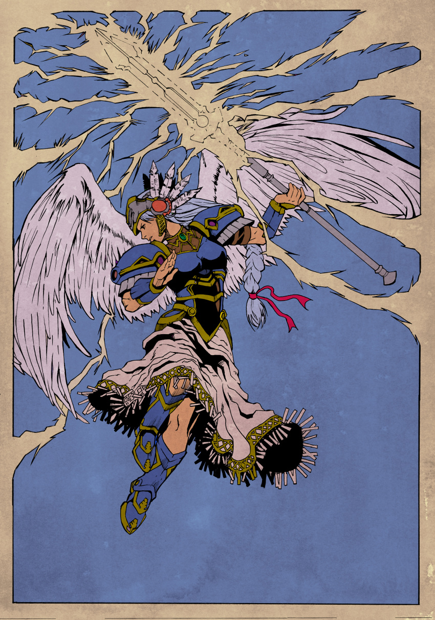 absurdres, armguard, armor, braid, effendy_m.anuar, feathers, flying, greaves, helmet, highres, lenneth_valkyrie, low_tie_ponytail, nibelung_valesti, pauldrons, silver_hair, single_braid, skirt, solo, valkyrie_profile, wings