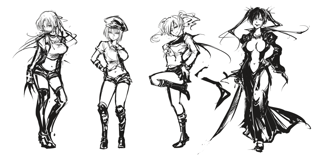 boots, breasts, center_opening, character_request, cleavage, crop_top, dress, greyscale