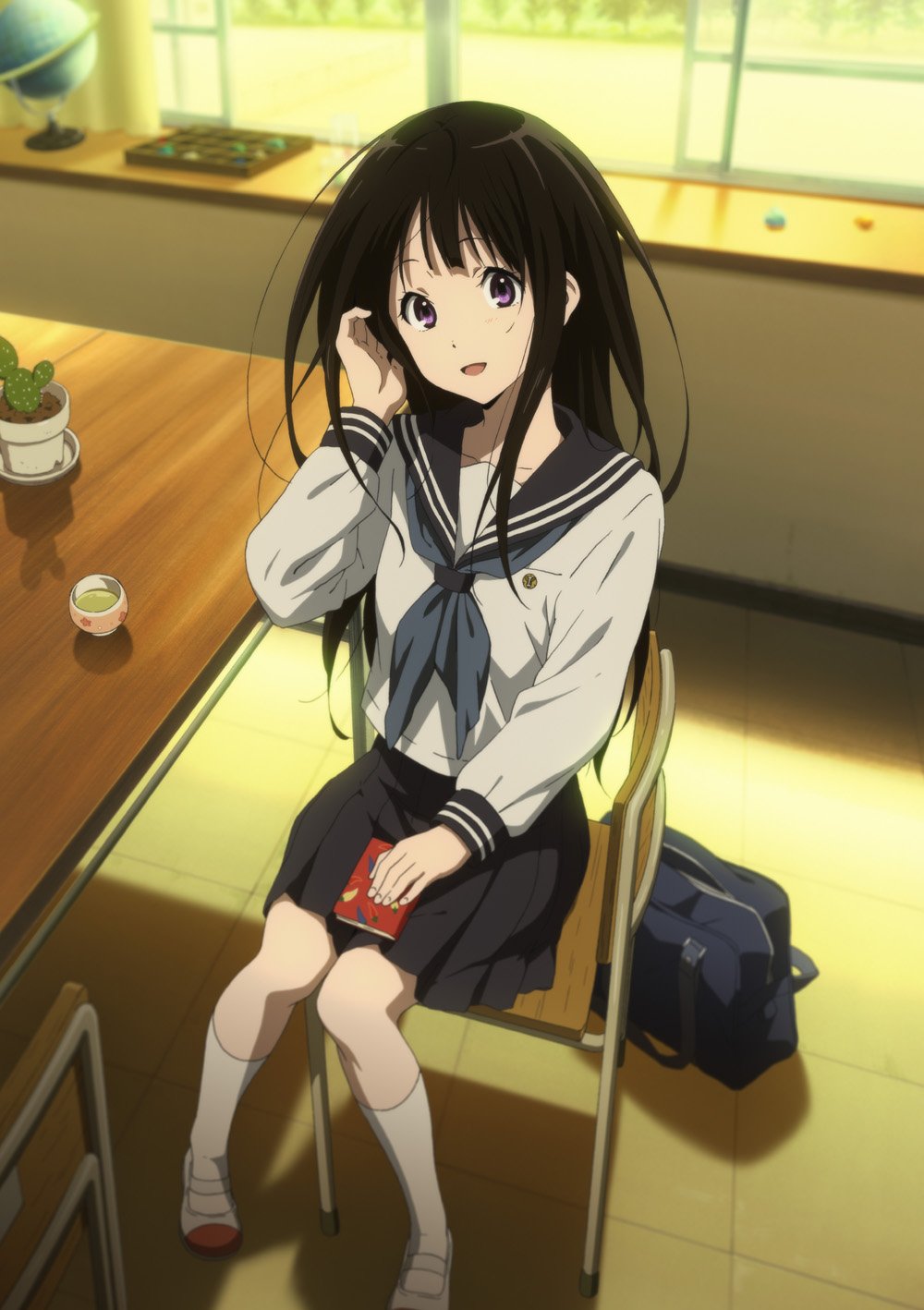 1girl, bag, black_hair, blurry, blush, book, cactus, chait