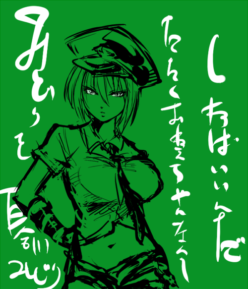 blue_eyes, hat, midriff, monochrome, navel, necktie, peaked_cap, short_hair