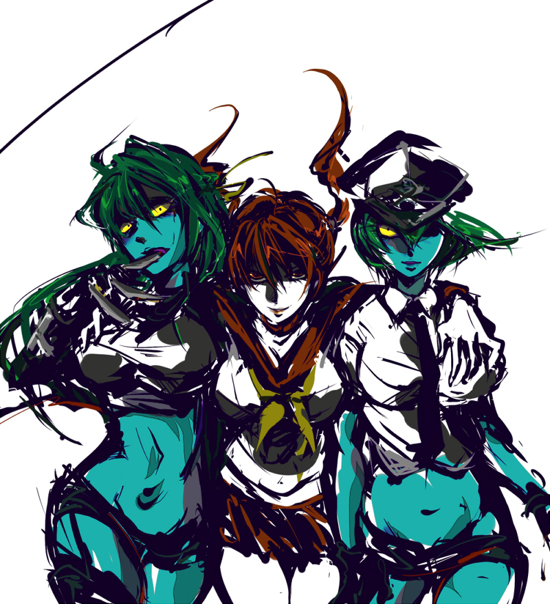 blue_skin, boots, breast_grab, breasts, collar, green_hair, hair_over_one_eye, hair_ribbon