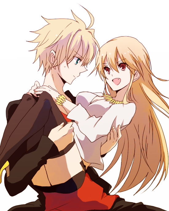 blonde_hair, carrying, casual, fang, fate/prototype, fate/zero, fate_(series), genderswap