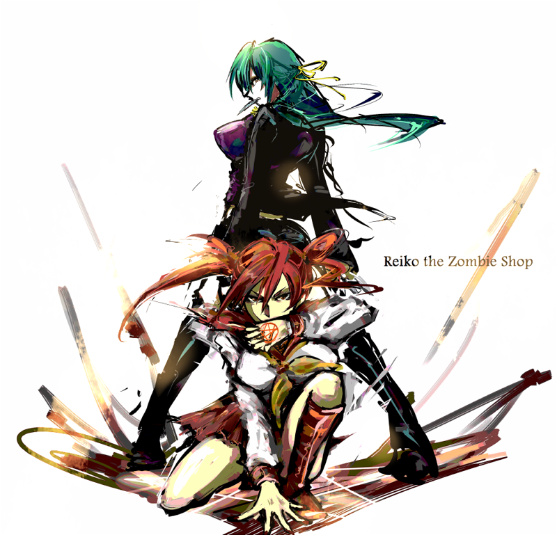 boots, breasts, green_hair, hair_ribbon, himezono_reiko, knee_boots, kneeling, knife