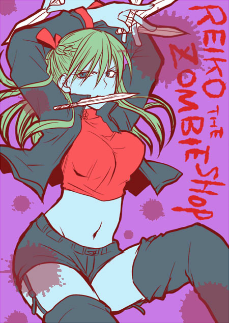 blue_eyes, blue_skin, bolero, breasts, crop_top, cropped_jacket, garter_straps, green_hair