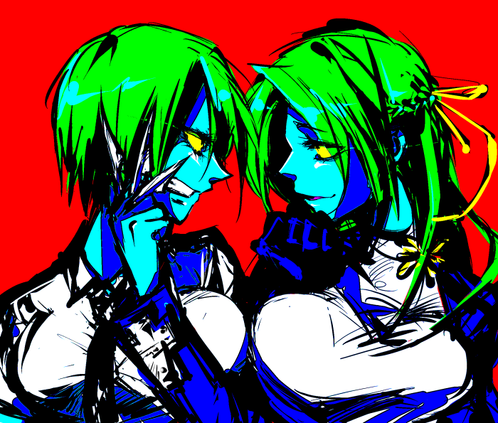 blue_skin, breasts, confrontation, green_hair, hair_ribbon, knife, large_breasts, long_hair