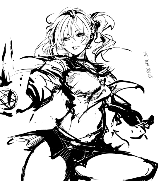 greyscale, himezono_reiko, monochrome, navel, pentagram, school_uniform, serafuku, skirt