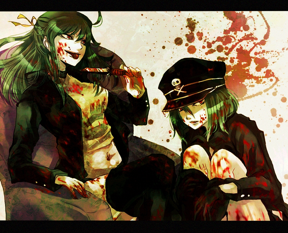 2girls, ahoge, artist_request, blood, bolero, boots, crop_top, cropped_jacket