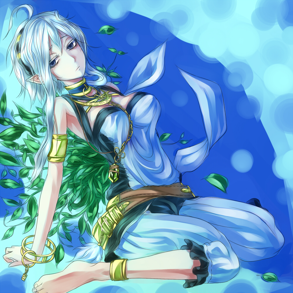 anklet, armlet, barefoot, bored, bracelet, crystal, dress, duel_monster, feet, jewelry, kemutai, milla_the_temporal_magician, mira_the_eternal_magician, pointy_ears, sukumo_(kemutai), white_hair, yu-gi-oh!, yuu-gi-ou, yuu-gi-ou_duel_monsters