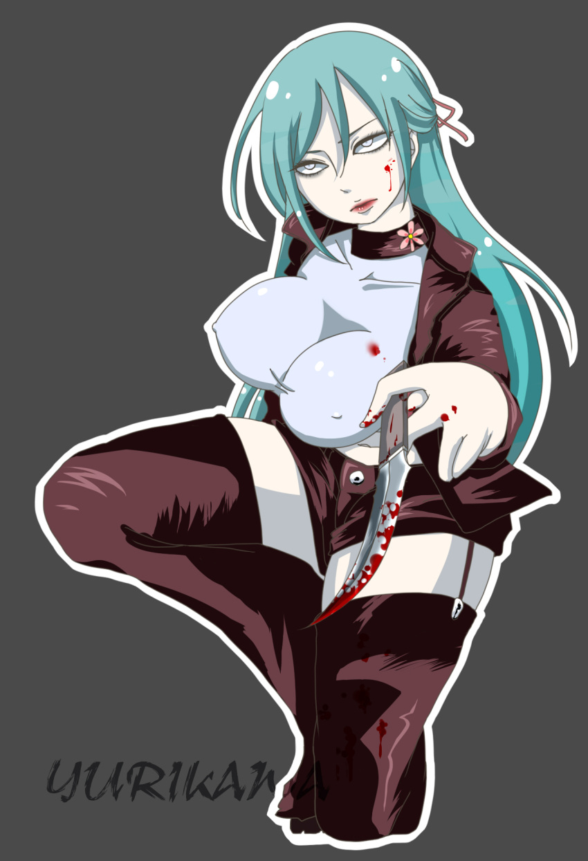 1girl, blood, bloody_knife, bolero, breasts, choker, crop_top, erect_nipples