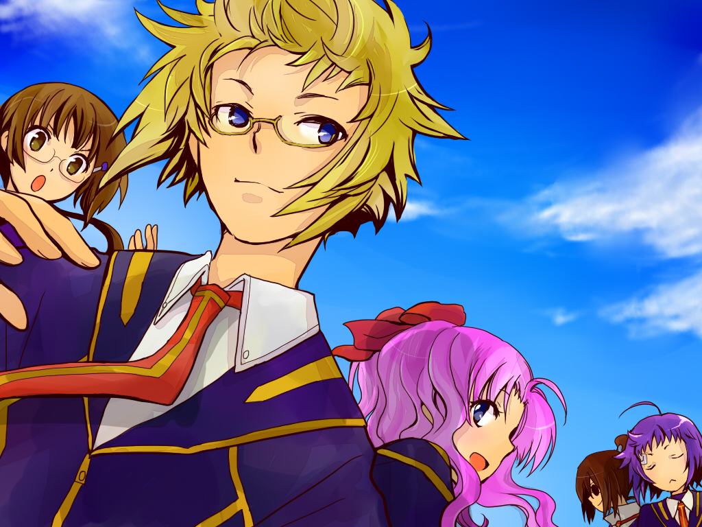 blonde_hair, blue_eyes, blue_hair, brown_eyes, brown_hair, closed_eyes, emukae_mukae, eyepatch