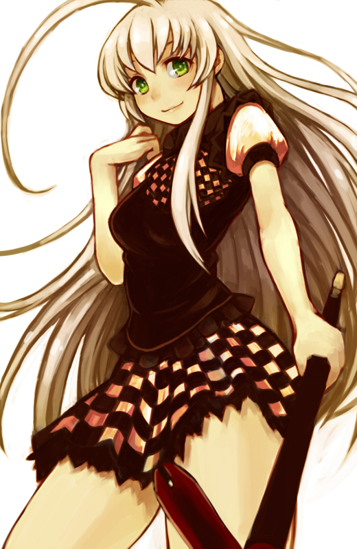 ahoge, bad_id, checkered, checkered_skirt, crowbar, green_eyes, haiyore!_nyaruko-san, haruhito_(divineshalt)
