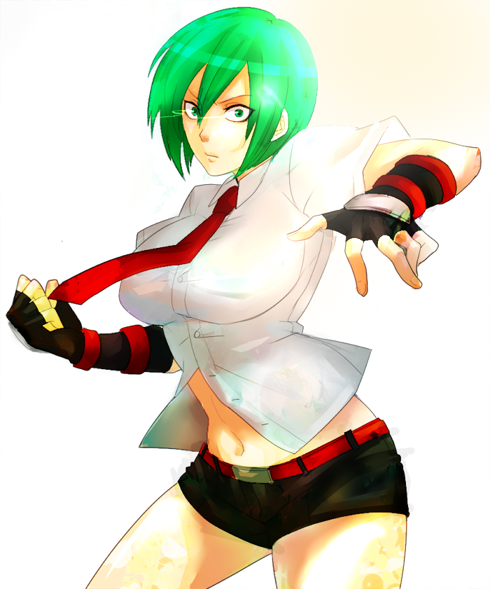 breasts, doalalove21, fingerless_gloves, gloves, green_eyes, green_hair, large_breasts, midriff