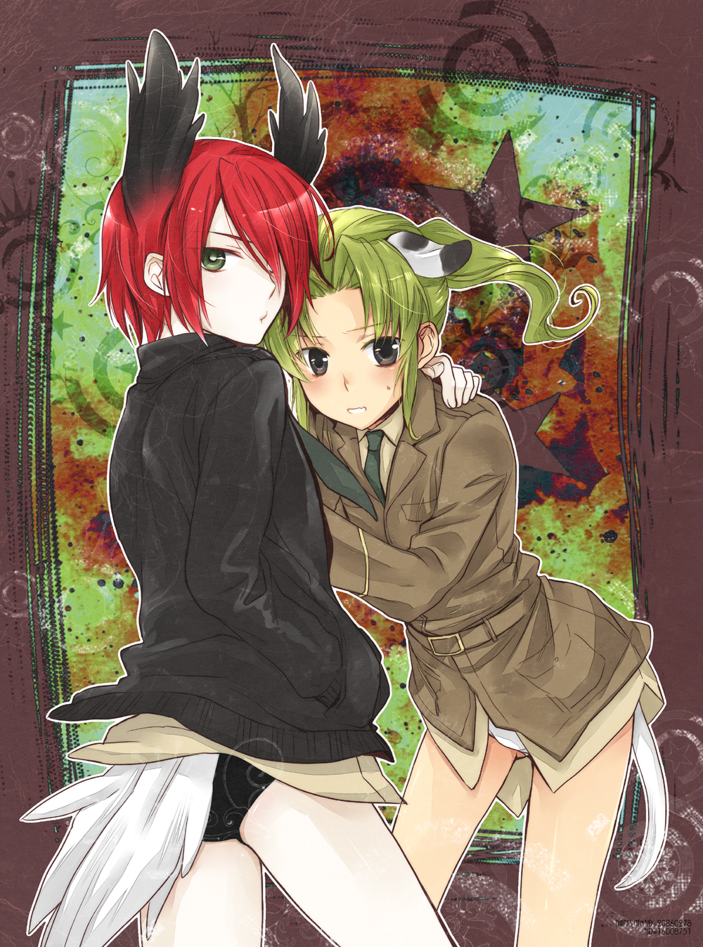 animal_ears, charlotte_e_yeager, charlotte_e_yeager_(cosplay), cosplay, crossdressinging, dog_ears, dog_tail, dominica_s_gentile, dominica_s_gentile_(cosplay), green_eyes, green_hair, grey_eyes, hair_over_one_eye, highres, inazuma_eleven, inazuma_eleven_(series), jane_t_godfrey, jane_t_godfrey_(cosplay), kiyama_hiroto, long_hair, lynette_bishop_(cosplay), male, midorikawa_ryuuji, military, military_uniform, multiple_boys, necktie, open_mouth, ponytail, red_hair, redhead, short_hair, strike_witches, tail, trap, uniform