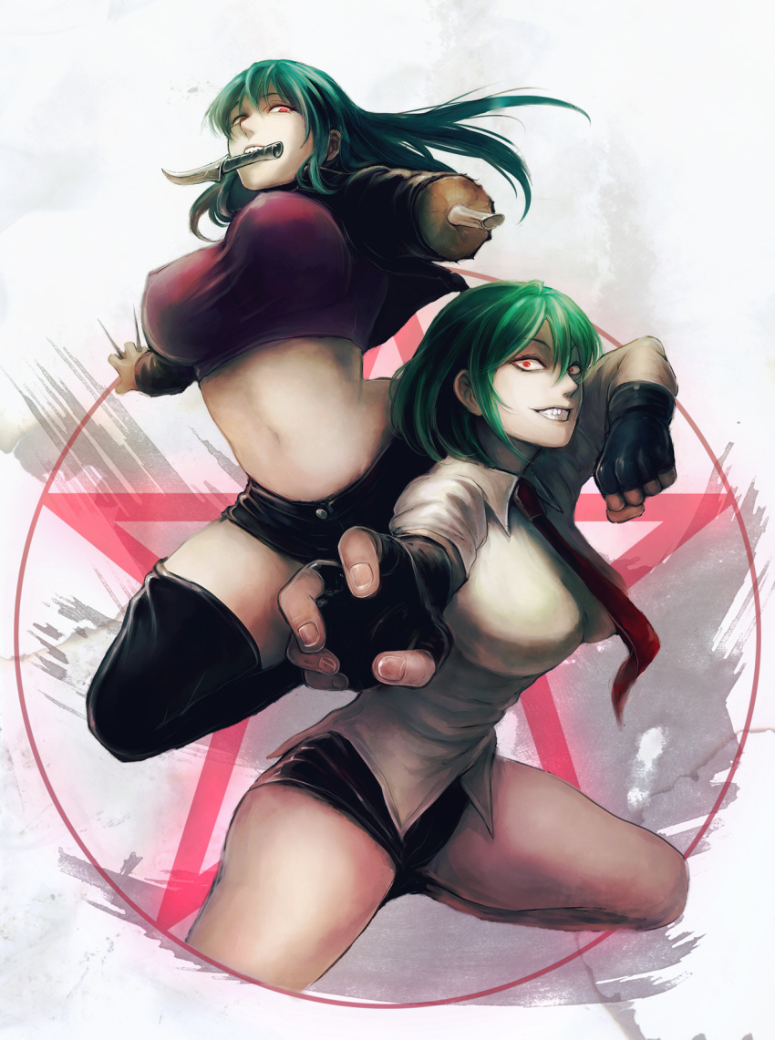 amputee, bolero, breasts, crop_top, cropped_jacket, fighting_stance, fingerless_gloves, gloves