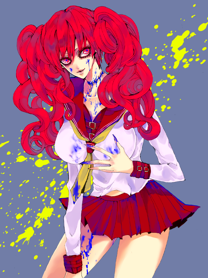 1girl, bare_legs, blood, breasts, eyelashes, eyeliner, himezono_reiko, large_breasts, long_hair, mariwe, pleated_skirt, red_eyes, red_hair, redhead, scar, school_uniform, serafuku, skirt, solo, stitches, twintails, zombie-ya_reiko