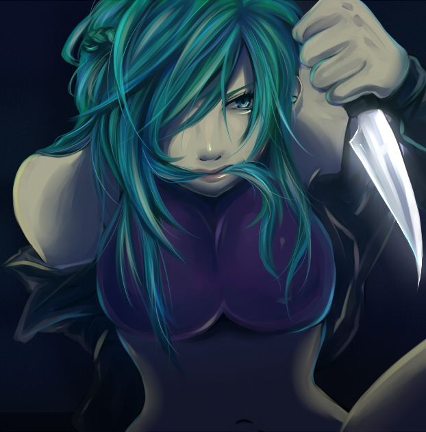 bare_shoulders, blue_eyes, bolero, breasts, crop_top, cropped_jacket, ggxxryokan, green_hair