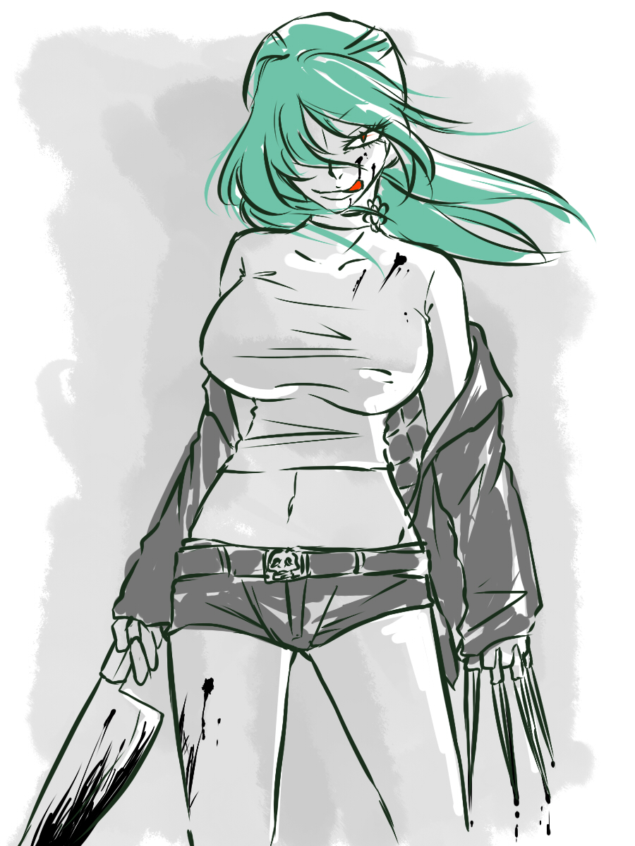 bare_legs, belt_buckle, blood, blood_on_face, bloody_clothes, bloody_knife, bolero, breasts, cropped_jacket, dual_wielding, eyelashes, green_hair, hair_over_one_eye, highres, large_breasts, licking_lips, maroxxtanaka, midriff, navel, off_shoulder, red_eyes, short_shorts, shorts, solo, yurikawa_saki, zombie, zombie-ya_reiko