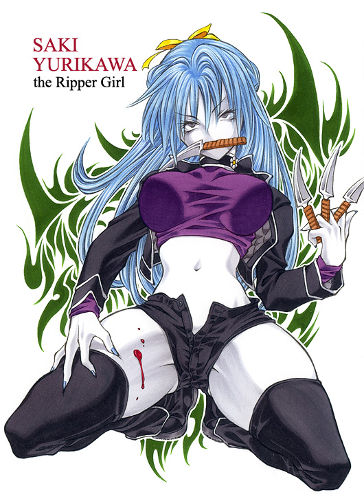bibyo, blood, blue_hair, boots, breasts, choker, crop_top, fingernails, flower, hair_ribbon, kneeling, knife, large_breasts, midriff, mouth_hold, navel, open_fly, pale_skin, purple_eyes, ribbon, short_shorts, shorts, slender_waist, solo, spread_legs, taut_shirt, thick_thighs, thigh-highs, thigh_boots, thighhighs, thighs, unbuttoned, unzipped, violet_eyes, yurikawa_saki, zombie, zombie-ya_reiko