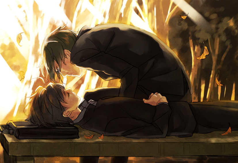 animoool, autumn, bench, black_hair, blue_eyes, brown_hair, fate/zero, fate_(series)