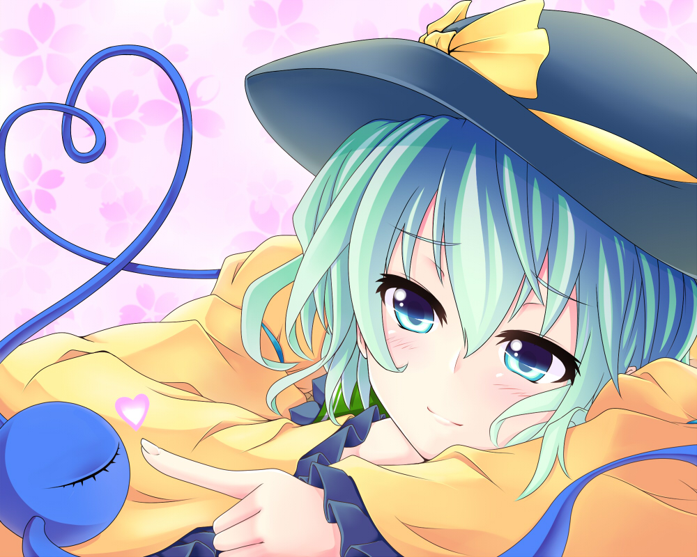 blue_eyes, blue_hair, blush, bow, close-up, green_hair, hat, hat_bow