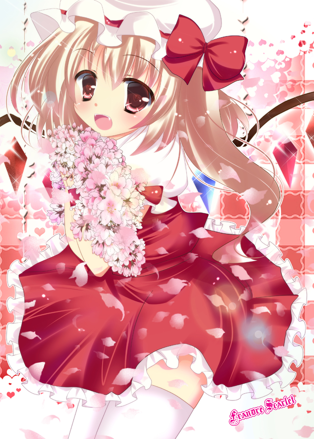blonde_hair, blush, bouquet, bow, character_name, fang, flandre_scarlet, flower