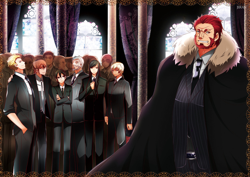 black_hair, blonde_hair, brown_hair, facial_hair, fate/zero, fate_(series), formal, ionioi_hetairoi, jeran_(ggokd), long_hair, male, mithrenes, mustache, necktie, red_eyes, red_hair, redhead, rider_(fate/zero), suit, white_hair