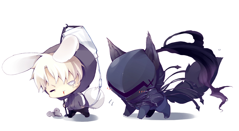 adalove, animal_ears, animalization, armor, berserker_(fate/zero), bunny_ears, bunny_tail, chibi, crest_worm, dog, fate/zero, fate_(series), helmet, hoodie, intravenous_drip, male, matou_kariya, rabbit_ears, tail, white_background, white_eyes, white_hair, wolf, worms