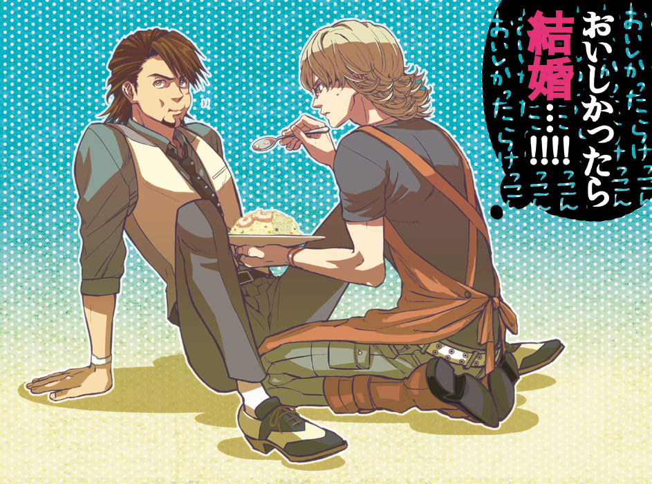 apron, barnaby_brooks_jr, blonde_hair, boots, brown_eyes, brown_hair, eating, facial_hair