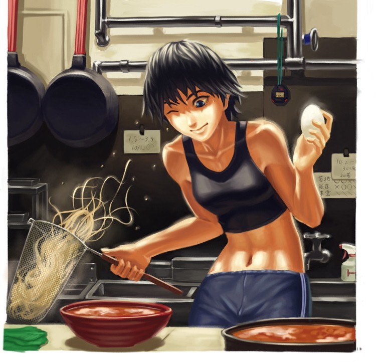 abs, bent_over, black_hair, blue_eyes, cooking, doi_tabasuko, duplicate, egg