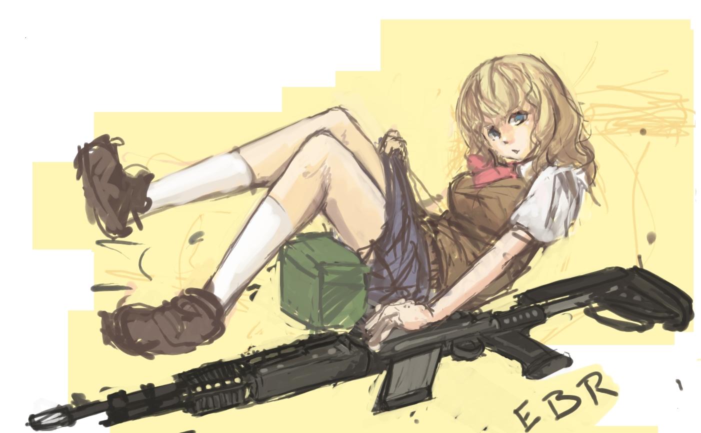 1girl, ammo_box, battle_rifle, blonde_hair, blue_eyes, bowtie, breasts, gun