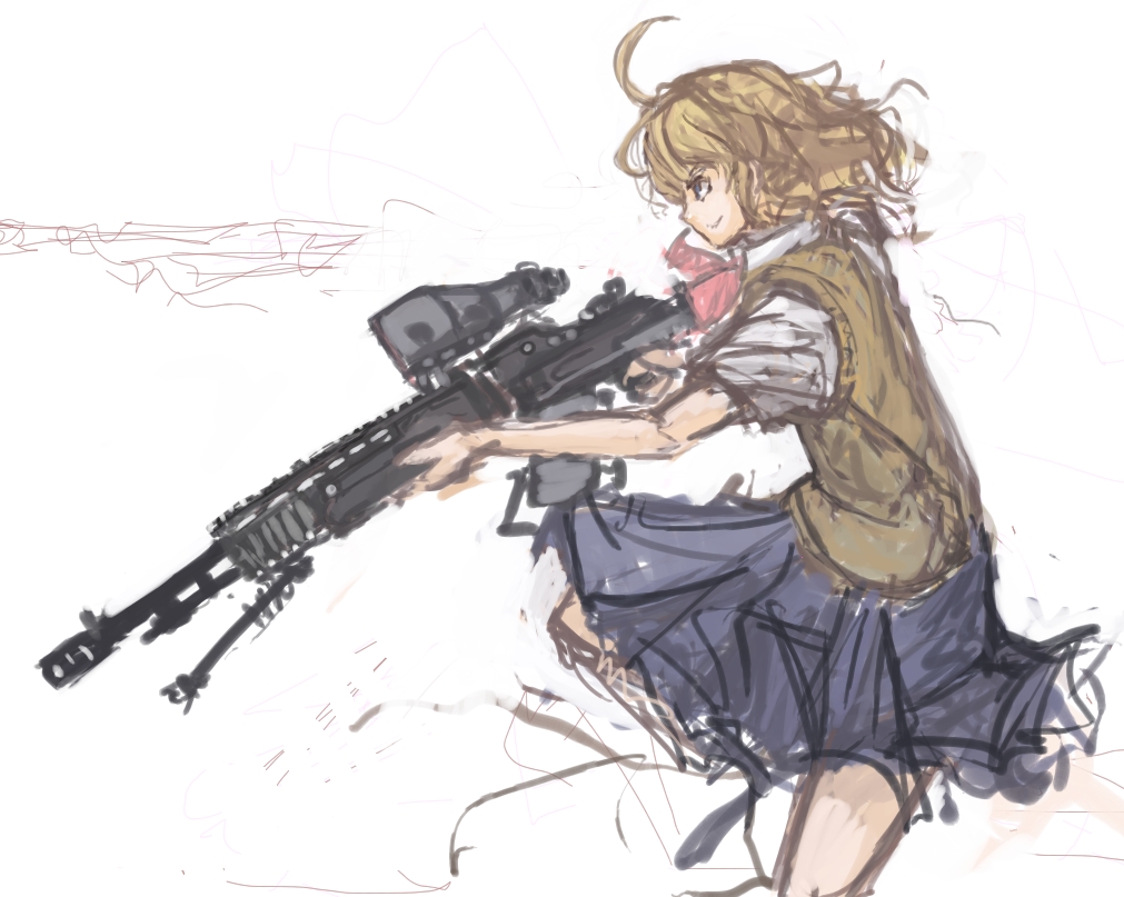 ahoge, battle_rifle, bipod, blonde_hair, gun, m14, m14_(upotte!!), mk_14_mod_0_ebr