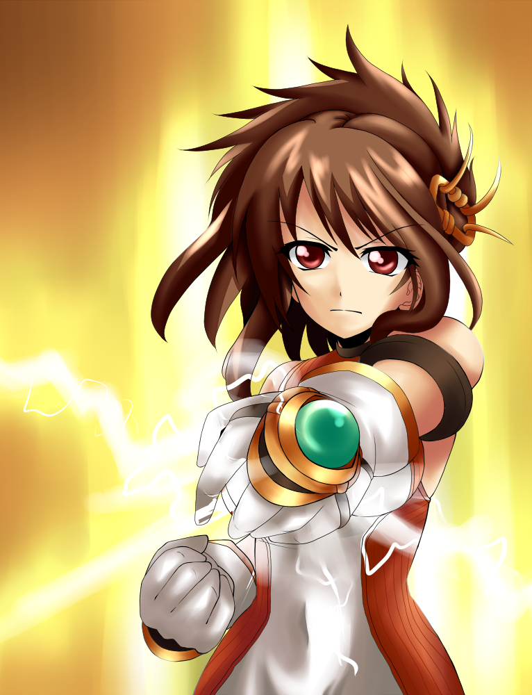 brown_hair, china_dress, dfo, dungeon_and_fighter, dungeon_fighter_online, energy, fighter, fighter_(dungeon_and_fighter), gloves, lighting, nen_master, qipao, red_eyes