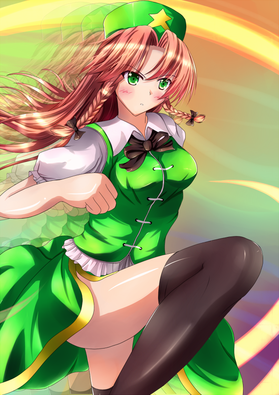 :o, afterimage, arm_up, bad_id, black_legwear, blush_stickers, bow, braid