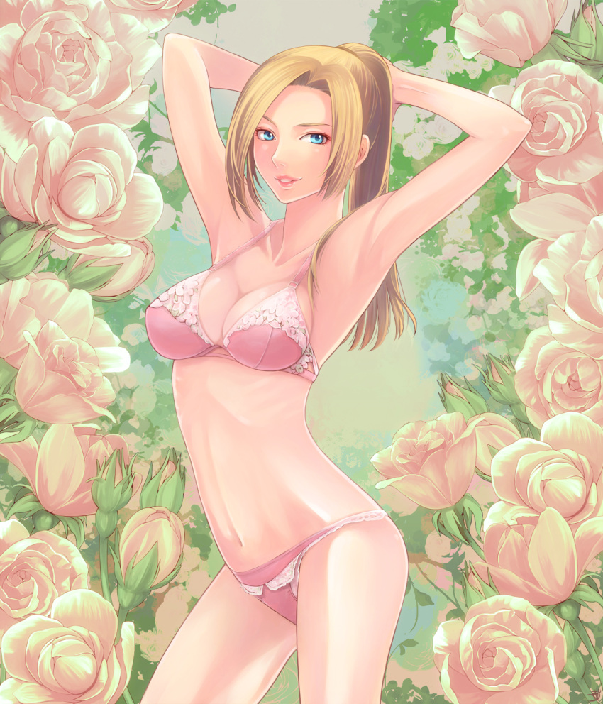armpits, arms_behind_head, arms_up, blonde_hair, blue_eyes, bra, breasts, final_fantasy